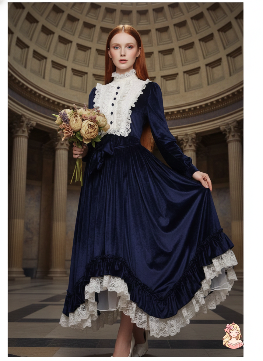 The French Court Velvet Gown | Lace Stitching Long Sleeve Maxi | Parisian Retro Lolita Dress | Parisian Princess
