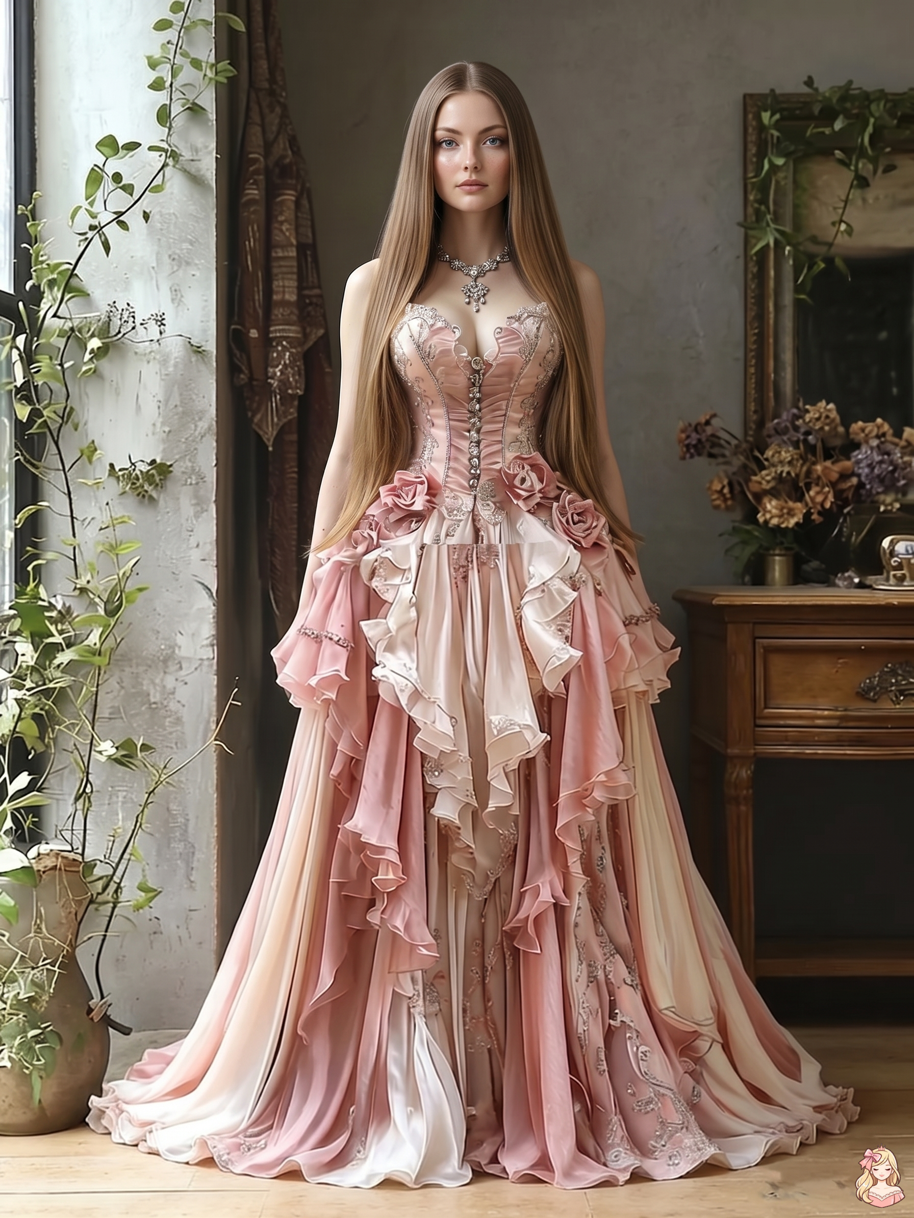 The Blondina Versailles Gown (Made to Order) | Pink Vintage Victorian Strapless Ball Gown | 3D Floral Embroidery Court Train Dress | Parisian Princess