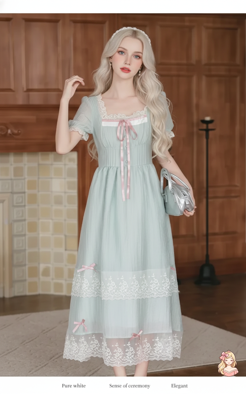 The Chambord Fairy Gown | Green Bow Lace Square Neck Dress | French Mori Girl Summer Dress | Parisian Princess