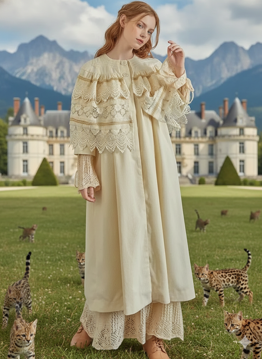 Parisian Crafted Shawl Coat Women Victoria Vintage Elegant Lace Cloak Jacket Lolita Fashion Corduroy Long Trench Coats