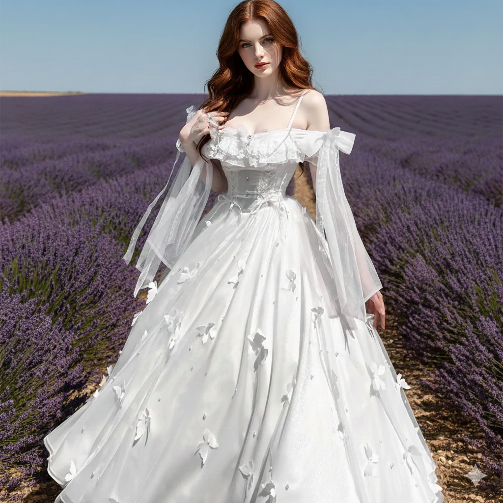 Off-shoulder Slimming Dress for Women Elegant and Sweet Lolita Bow White High Waist Princess Long Dresses White Dress