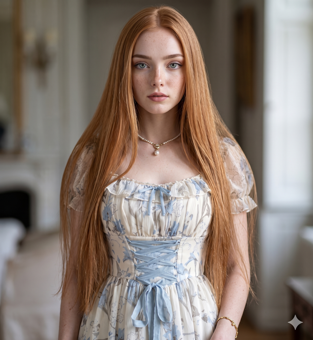 Woman with long red hair wearing a floral dress in an indoor setting