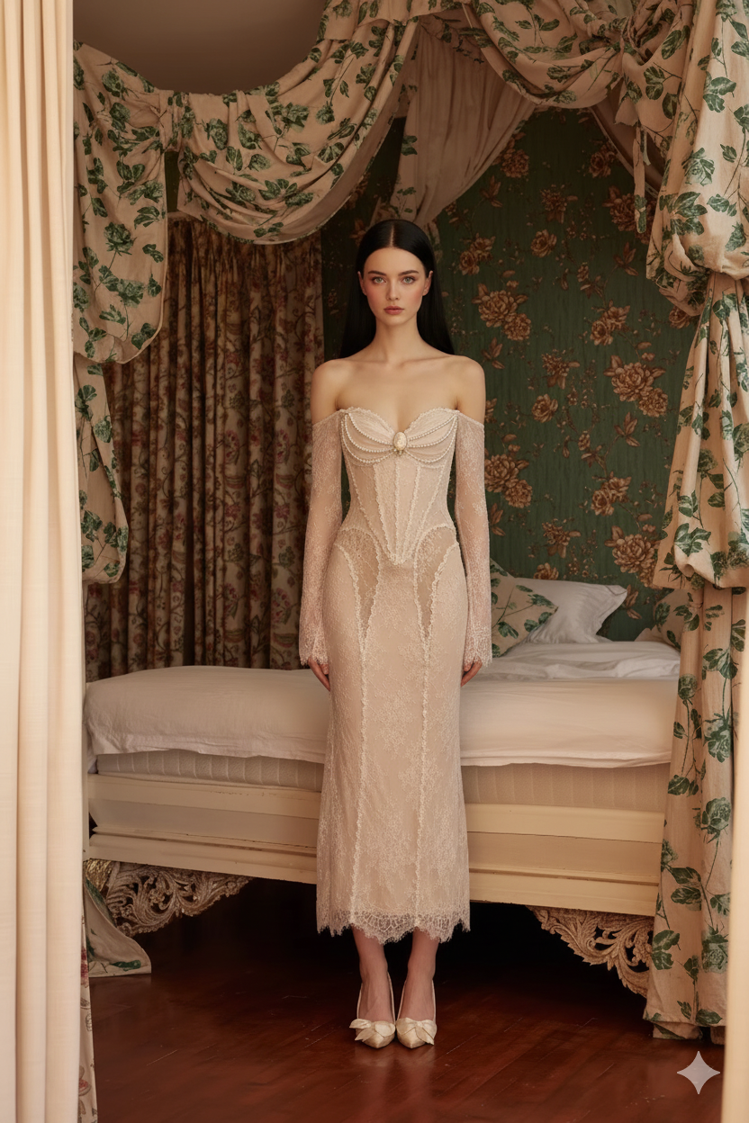 Parisian Romantic Winter Evening Gown Lace Dress Women Vintage Elegant Slim Sexy Birthday Wedding Party Strapless Dress