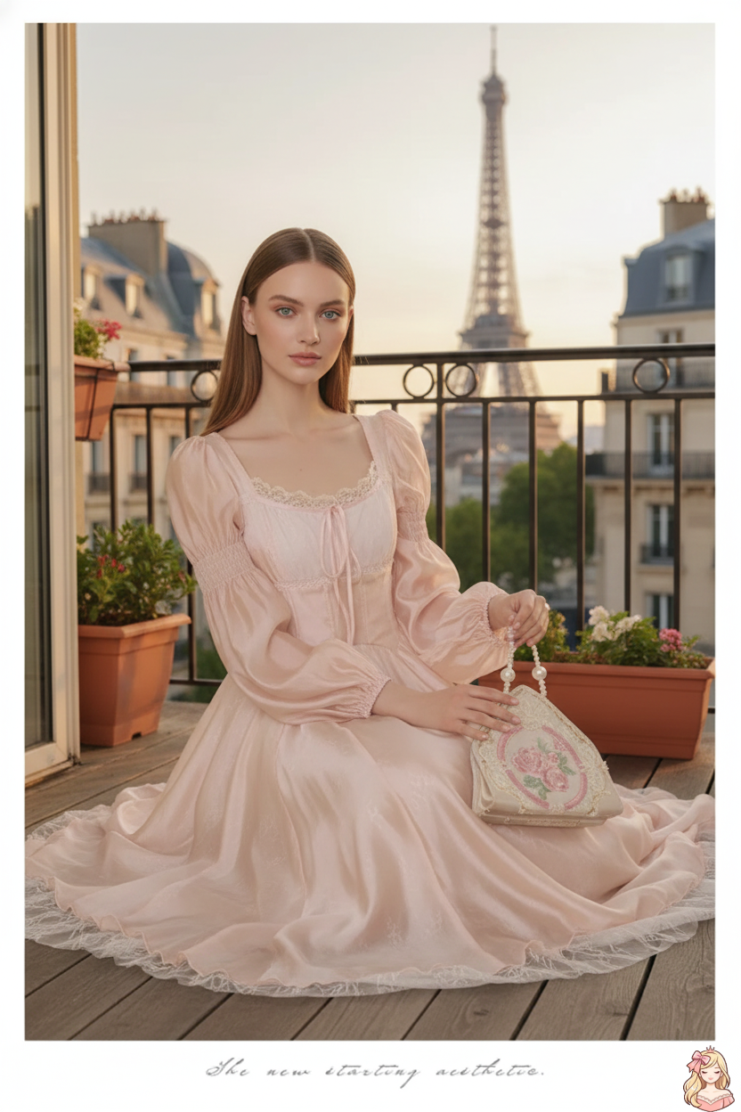 The Frosty Pink Chiffon Dress | Square Neck Lace Puff Sleeve Midi | Sweet Princess Gown | Parisian Princess
