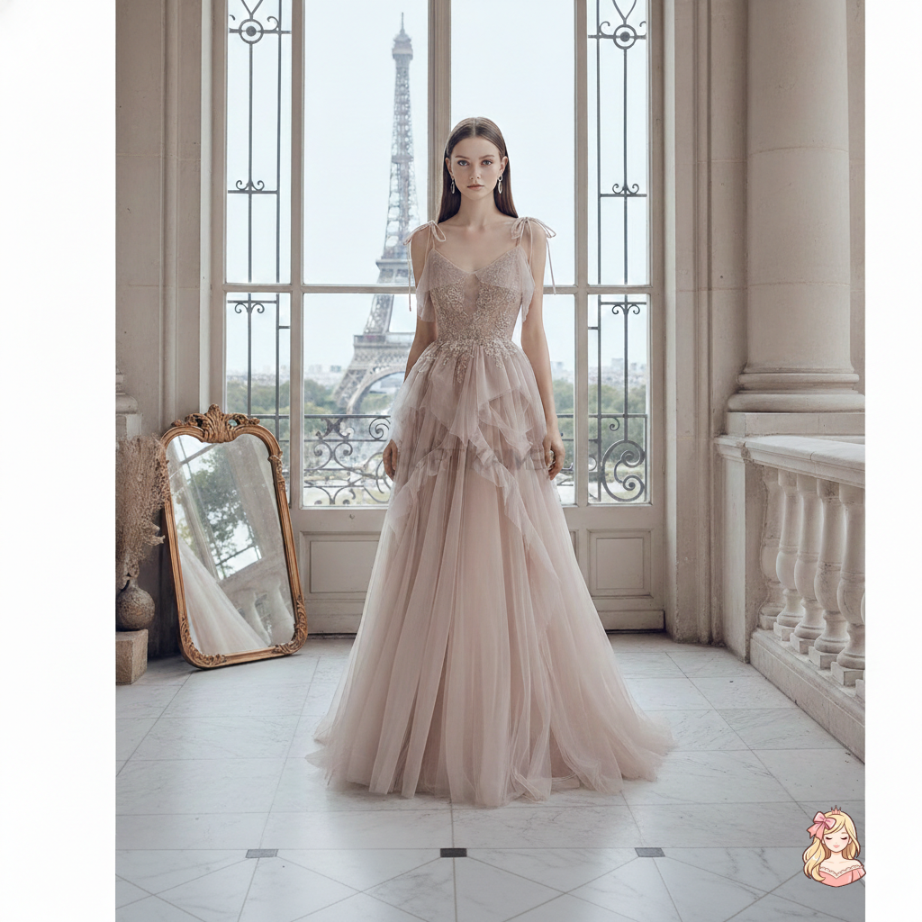 The French Sequined Crown Gown | V-Neck Crepe Ball Gown | Luxury Summer Wedding Party Dress | Parisian Princess