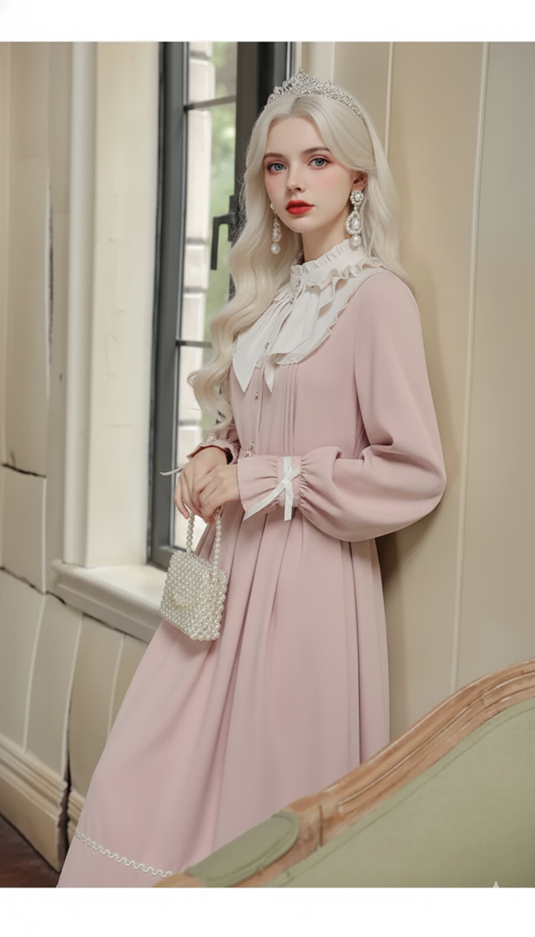 The French Elegant Sweet Lolita Pink Gown | Parisian Bow Lace Ruffle Patchwork Dress | European Party Princess Ankle-Length Dress | Parisian Princess