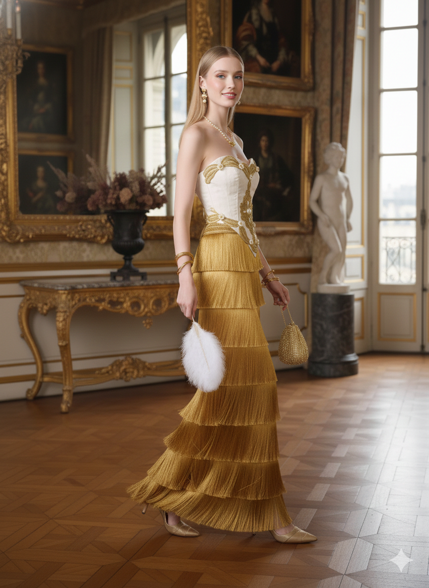 Parisian Palace Style Strapless Corset Gold Tassel Layered French Dress Women Dress