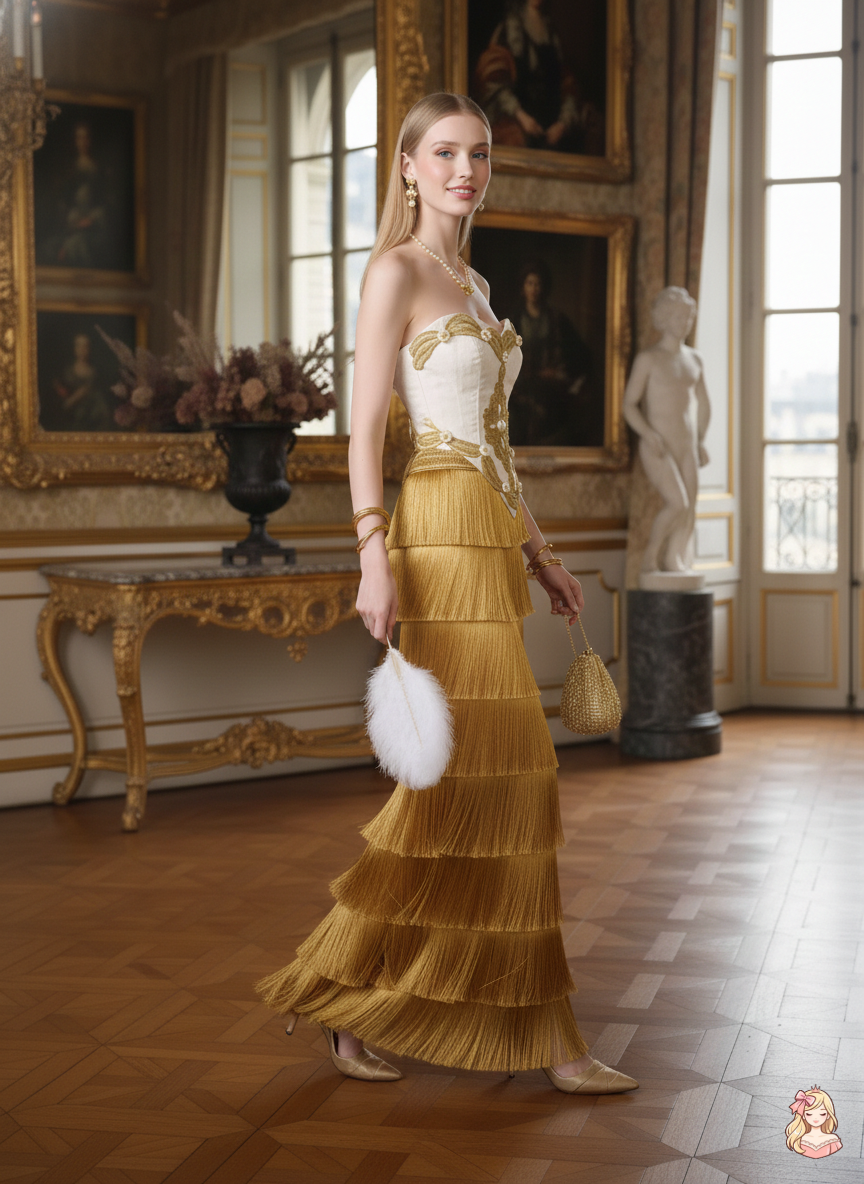 The Palace Gold Corset Gown | Strapless Tassel Layered Dress | French Theatre Performance Maxi | Parisian Princess