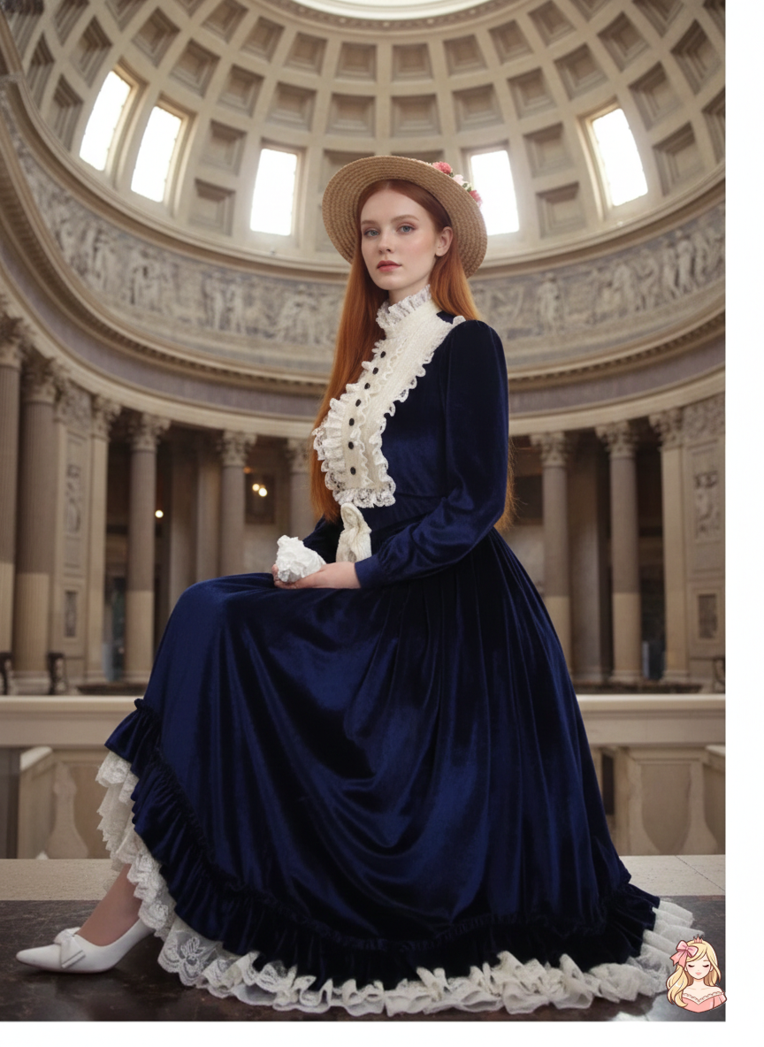 The French Court Velvet Gown | Lace Stitching Long Sleeve Maxi | Parisian Retro Lolita Dress | Parisian Princess