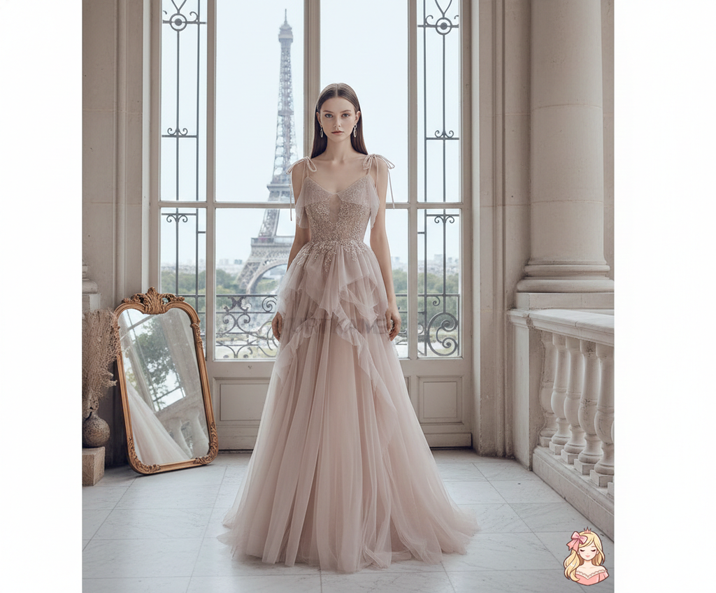 The French Sequined Crown Gown | V-Neck Crepe Ball Gown | Luxury Summer Wedding Party Dress | Parisian Princess
