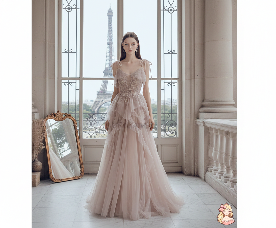 The French Sequined Crown Gown | V-Neck Crepe Ball Gown | Luxury Summer Wedding Party Dress | Parisian Princess