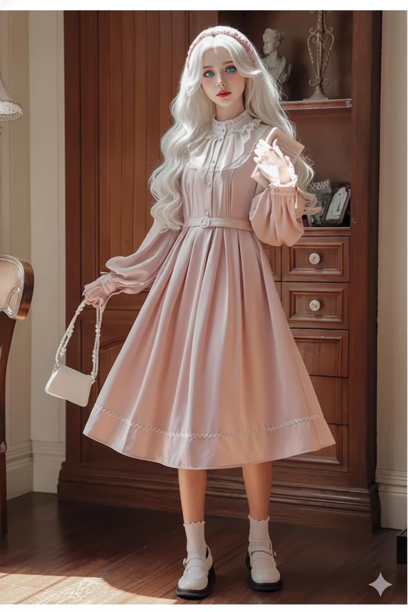 The French Elegant Sweet Lolita Pink Gown | Parisian Bow Lace Ruffle Patchwork Dress | European Party Princess Ankle-Length Dress | Parisian Princess