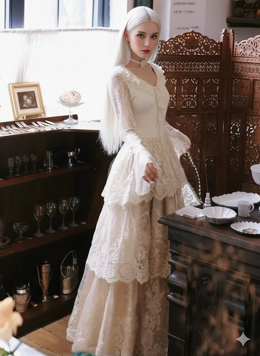Parisian French Vintage Light Wedding Lace Cake Dress Women Elegant Sweet V-neck Bottoming Long Dresses Fairy Large Hem Slim Dress