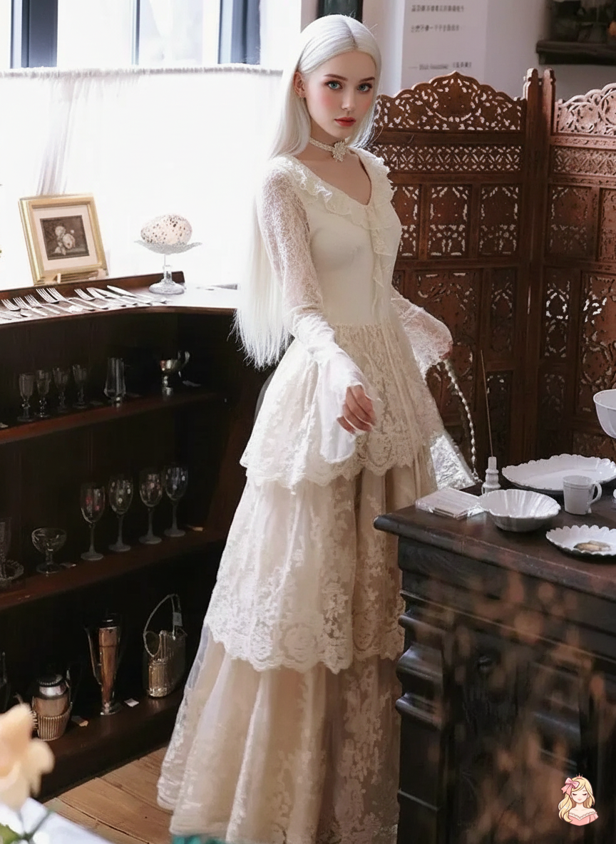 The Tuileries Lace Cake Dress | V-Neck Fairy Wedding Maxi | French Vintage Slim Long Gown | Parisian Princess