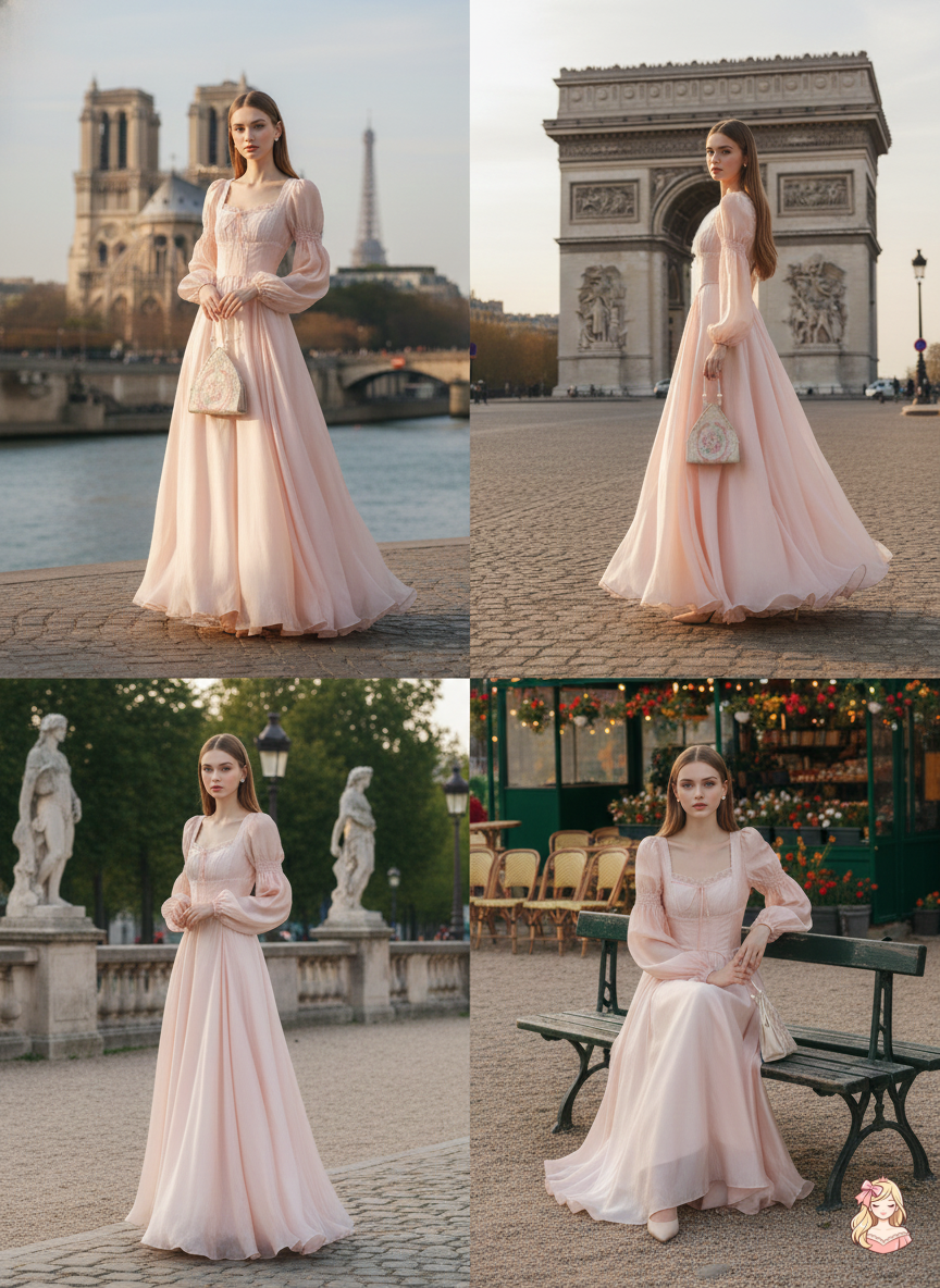 The Frosty Pink Chiffon Dress | Square Neck Lace Puff Sleeve Midi | Sweet Princess Gown | Parisian Princess