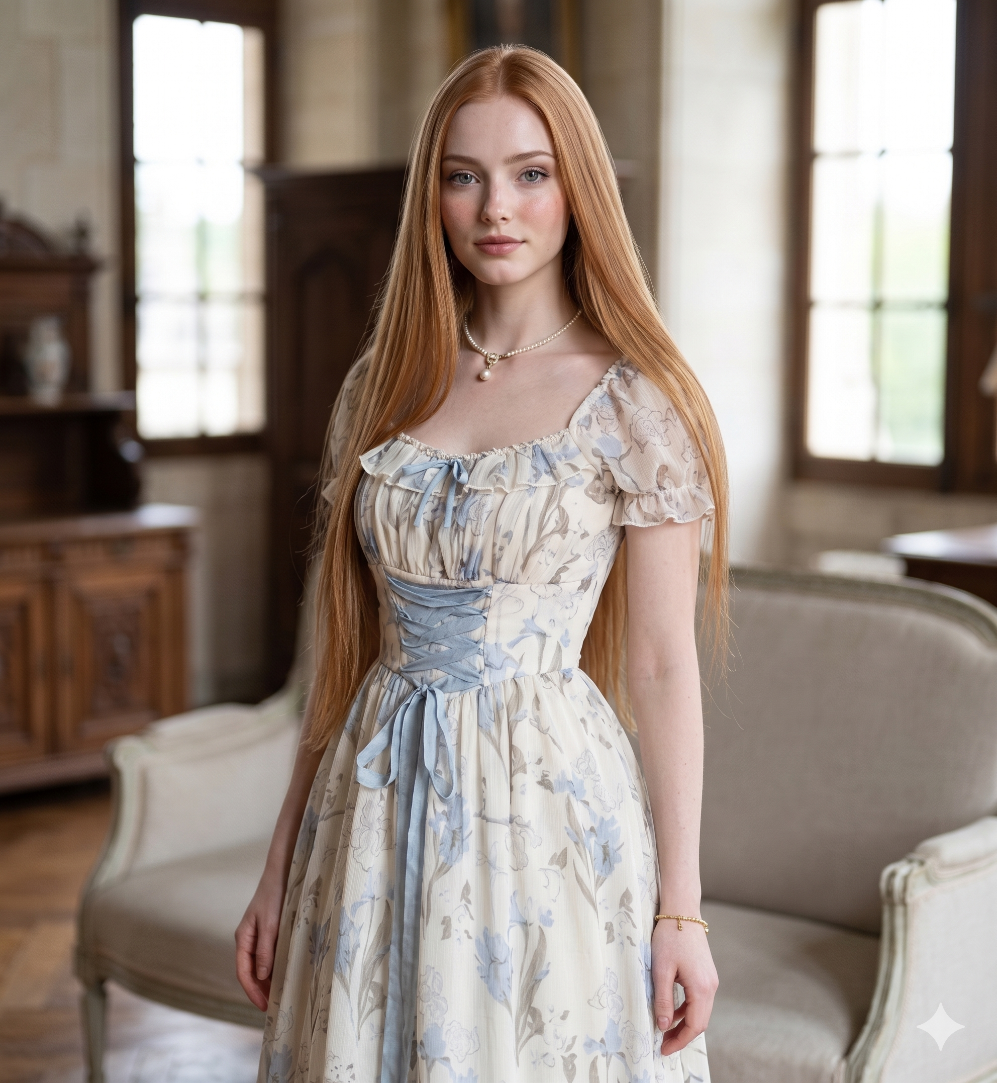 Woman in a floral dress standing in an elegant room with large windows.