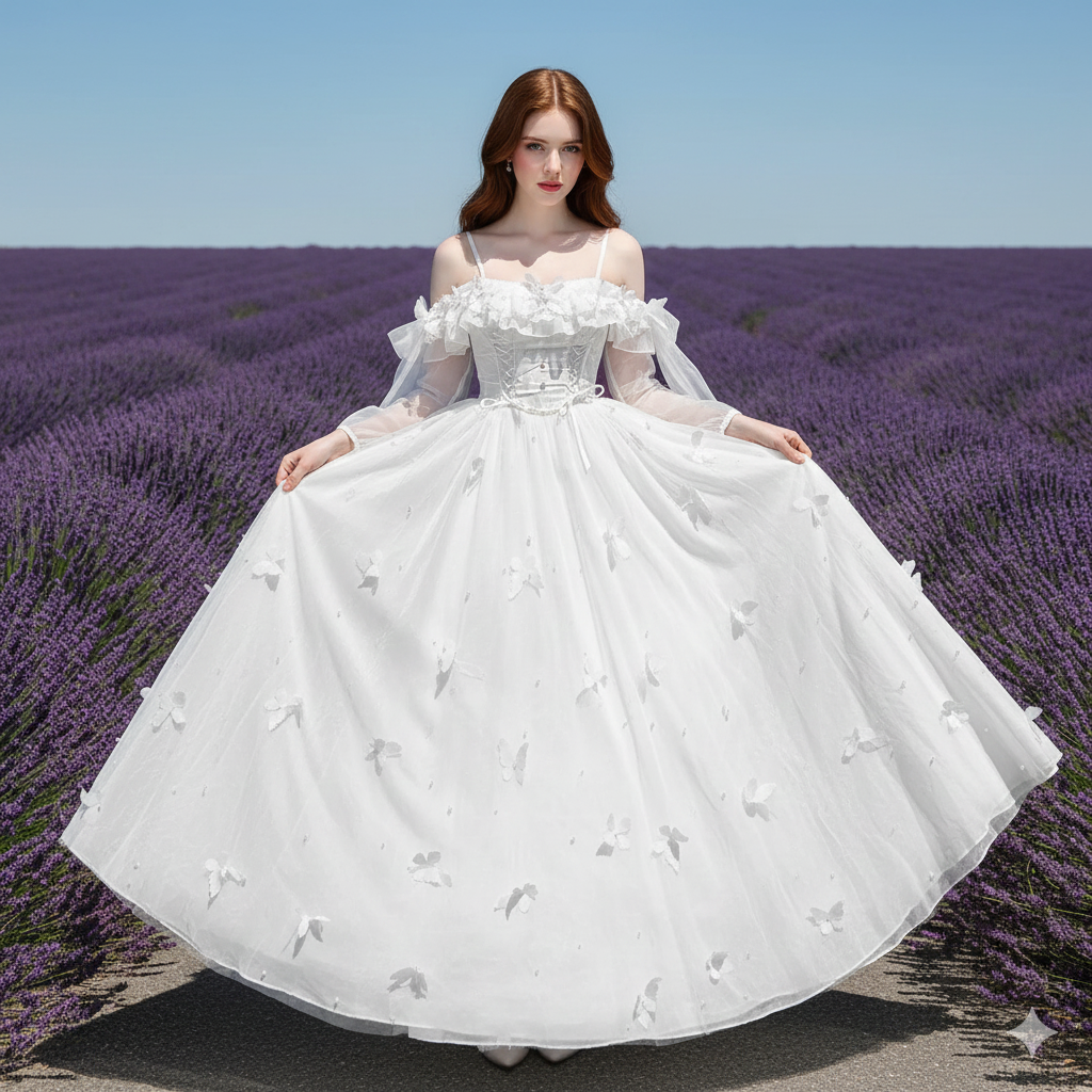 Off-shoulder Slimming Dress for Women Elegant and Sweet Lolita Bow White High Waist Princess Long Dresses White Dress