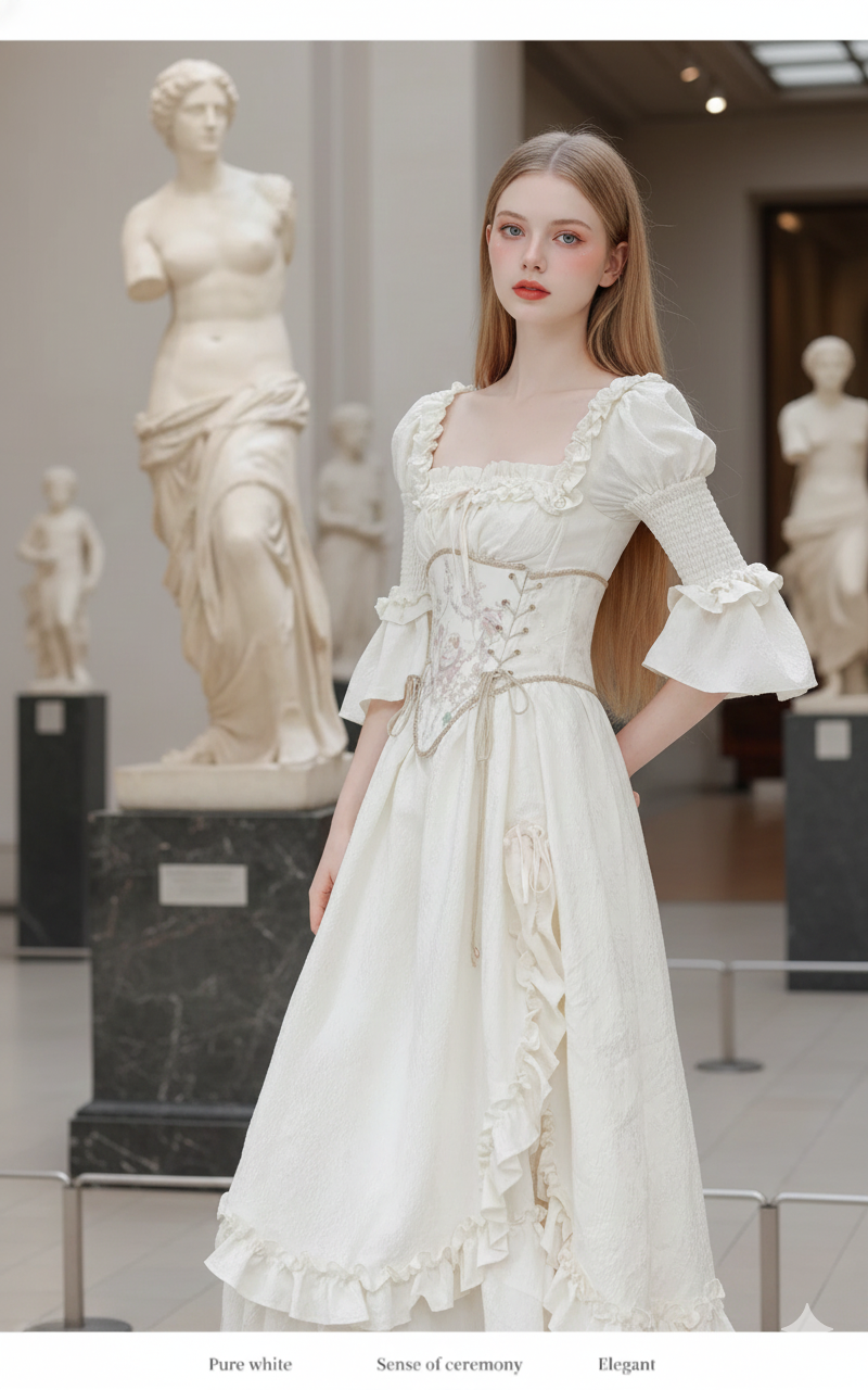 Vintage Parisian Style Princess Dress For Woman Retro French Jacquard Bandage Puff Sleeve Fairy Dresses Stage Performance