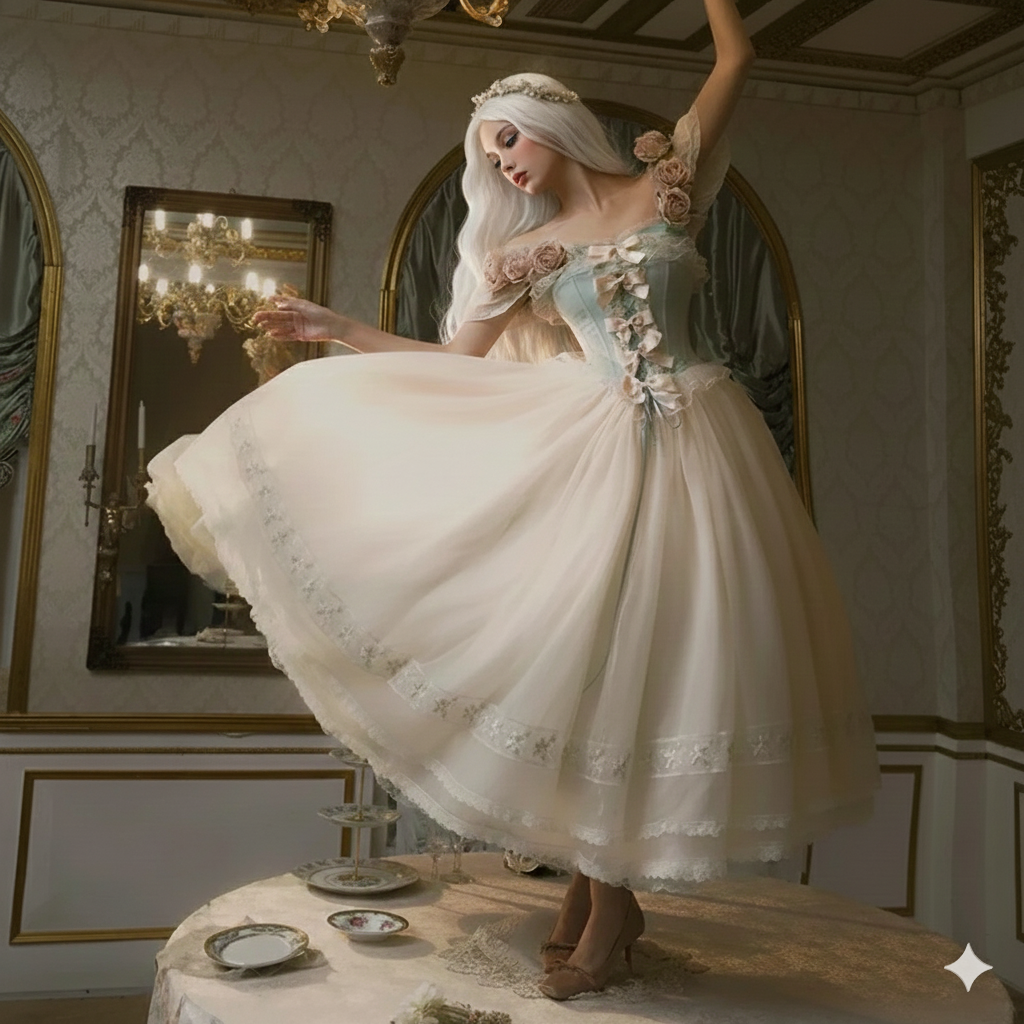 Elegant Vintage Princess Birthday Party Dress 3D Rose Off-Shoulder Short Sleeve Lace-up Slim Mesh Fluffy Lolita Long Dress Women