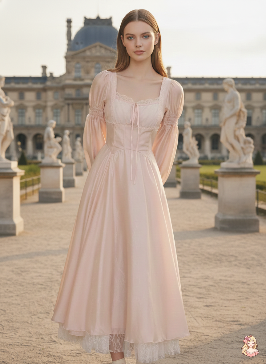 The Frosty Pink Chiffon Dress | Square Neck Lace Puff Sleeve Midi | Sweet Princess Gown | Parisian Princess