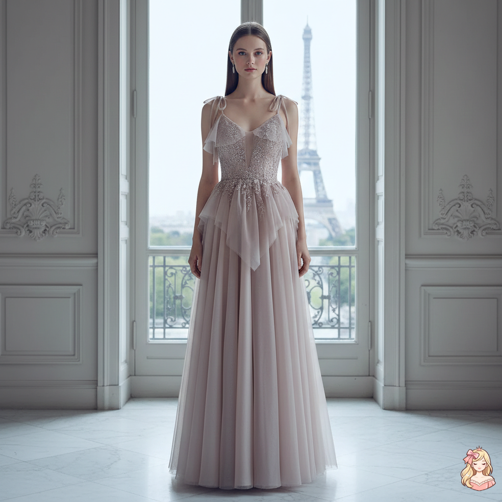 The French Sequined Crown Gown | V-Neck Crepe Ball Gown | Luxury Summer Wedding Party Dress | Parisian Princess