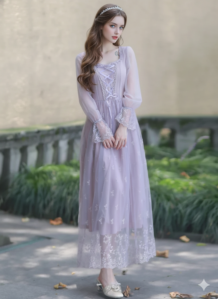 Lovely Lavendar Countryside Dresse Embroidered Lace Square Collar French Romantic Fairy Dresses Flared Sleeve Sweet Vestido midi