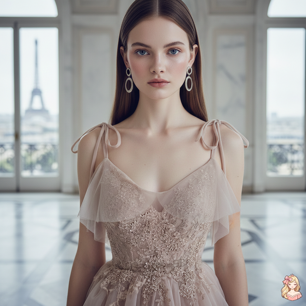 The French Sequined Crown Gown | V-Neck Crepe Ball Gown | Luxury Summer Wedding Party Dress | Parisian Princess