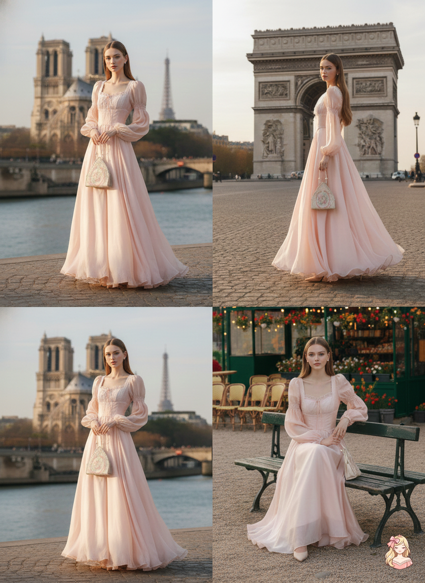 The Frosty Pink Chiffon Dress | Square Neck Lace Puff Sleeve Midi | Sweet Princess Gown | Parisian Princess