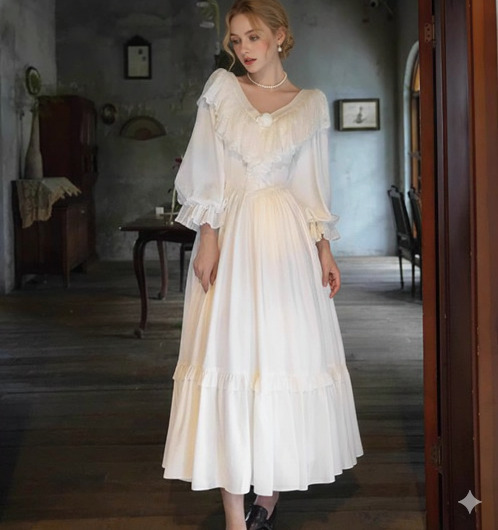 Parisian Satin Lace Dress Lantern Sleeve Long Maxi Ladies S-XL Vintage High Waist 2025 New V Neck White