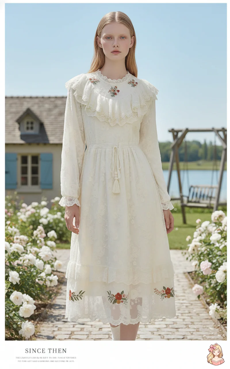 The Apricot Petal Gown | Embroidered Lace Ruffle Dress | French Romantic Fairy Maxi | Parisian Princess