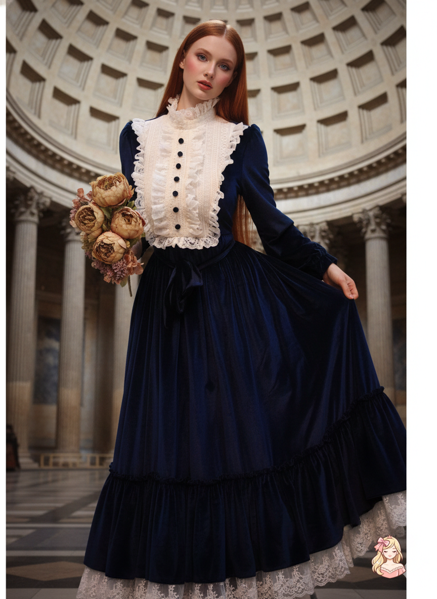 The French Court Velvet Gown | Lace Stitching Long Sleeve Maxi | Parisian Retro Lolita Dress | Parisian Princess