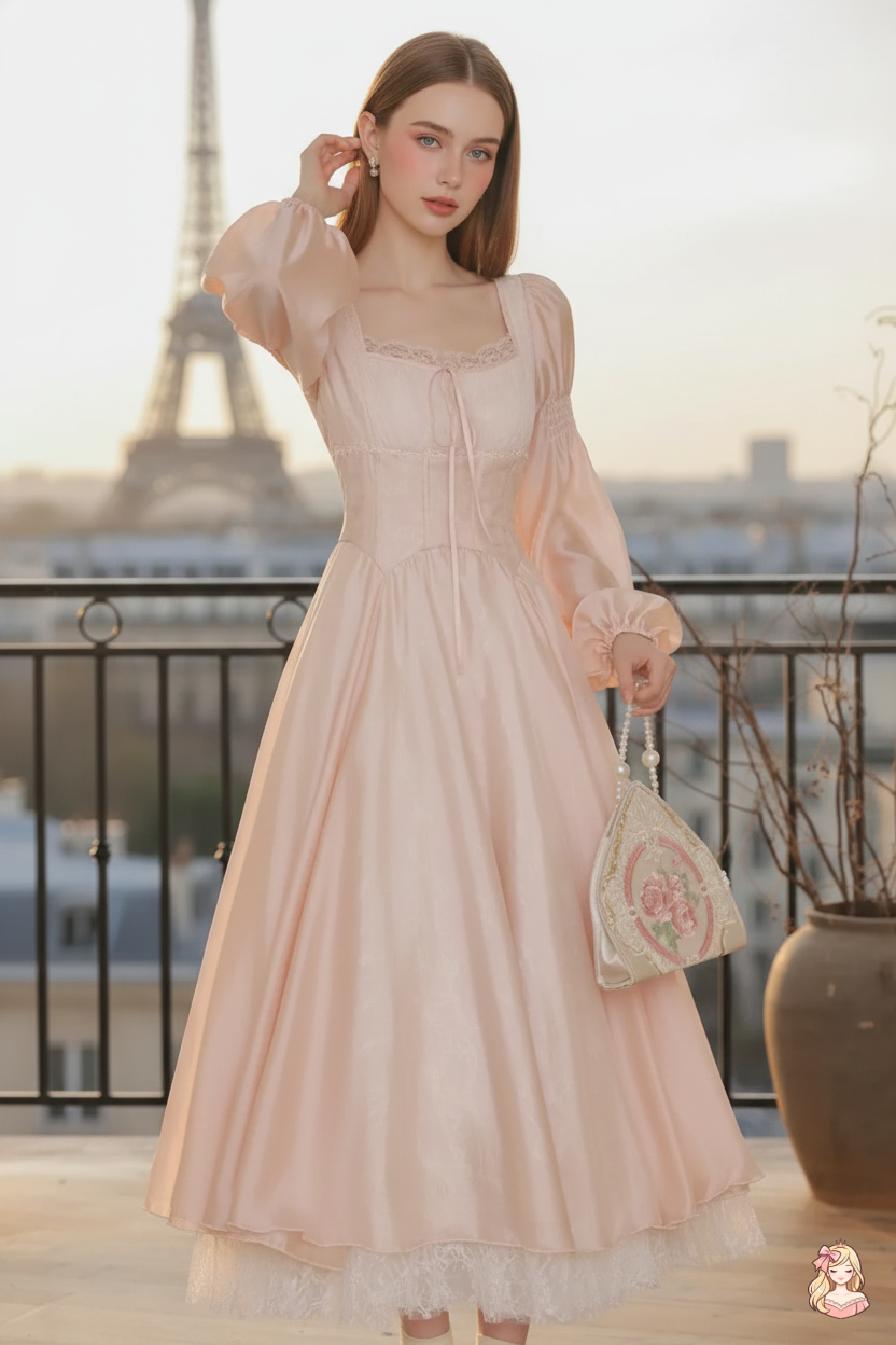 The Frosty Pink Chiffon Dress | Square Neck Lace Puff Sleeve Midi | Sweet Princess Gown | Parisian Princess