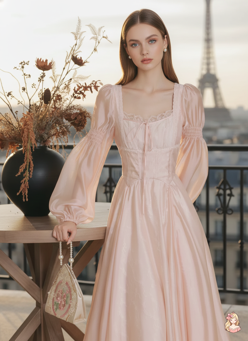 The Frosty Pink Chiffon Dress | Square Neck Lace Puff Sleeve Midi | Sweet Princess Gown | Parisian Princess
