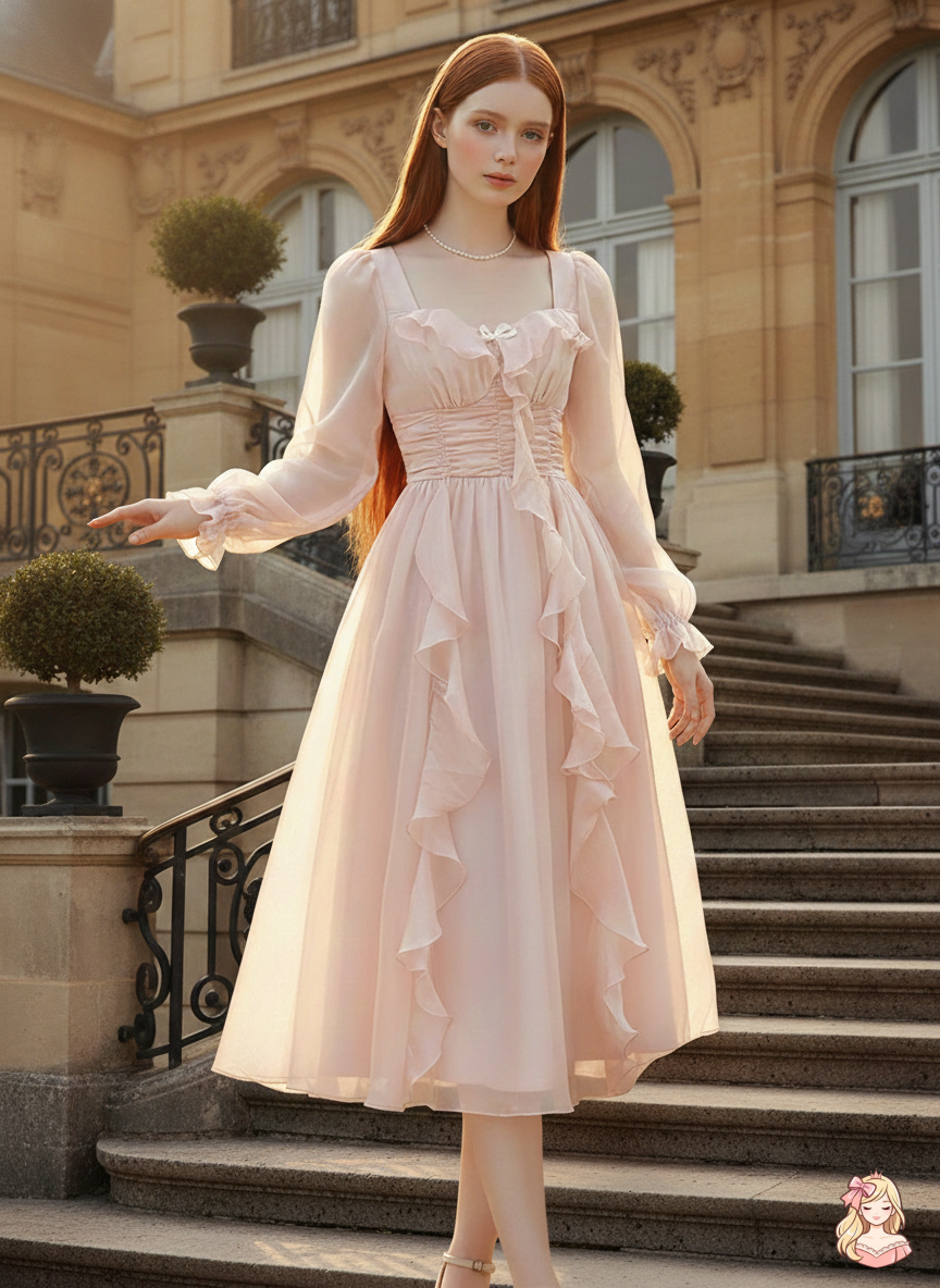 The Blush Bubble Midi | Square Neck Ruffled Party Dress | French Fairy Vintage Pink Dress | Parisian Princess