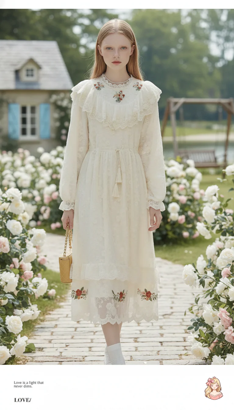 The Apricot Petal Gown | Embroidered Lace Ruffle Dress | French Romantic Fairy Maxi | Parisian Princess