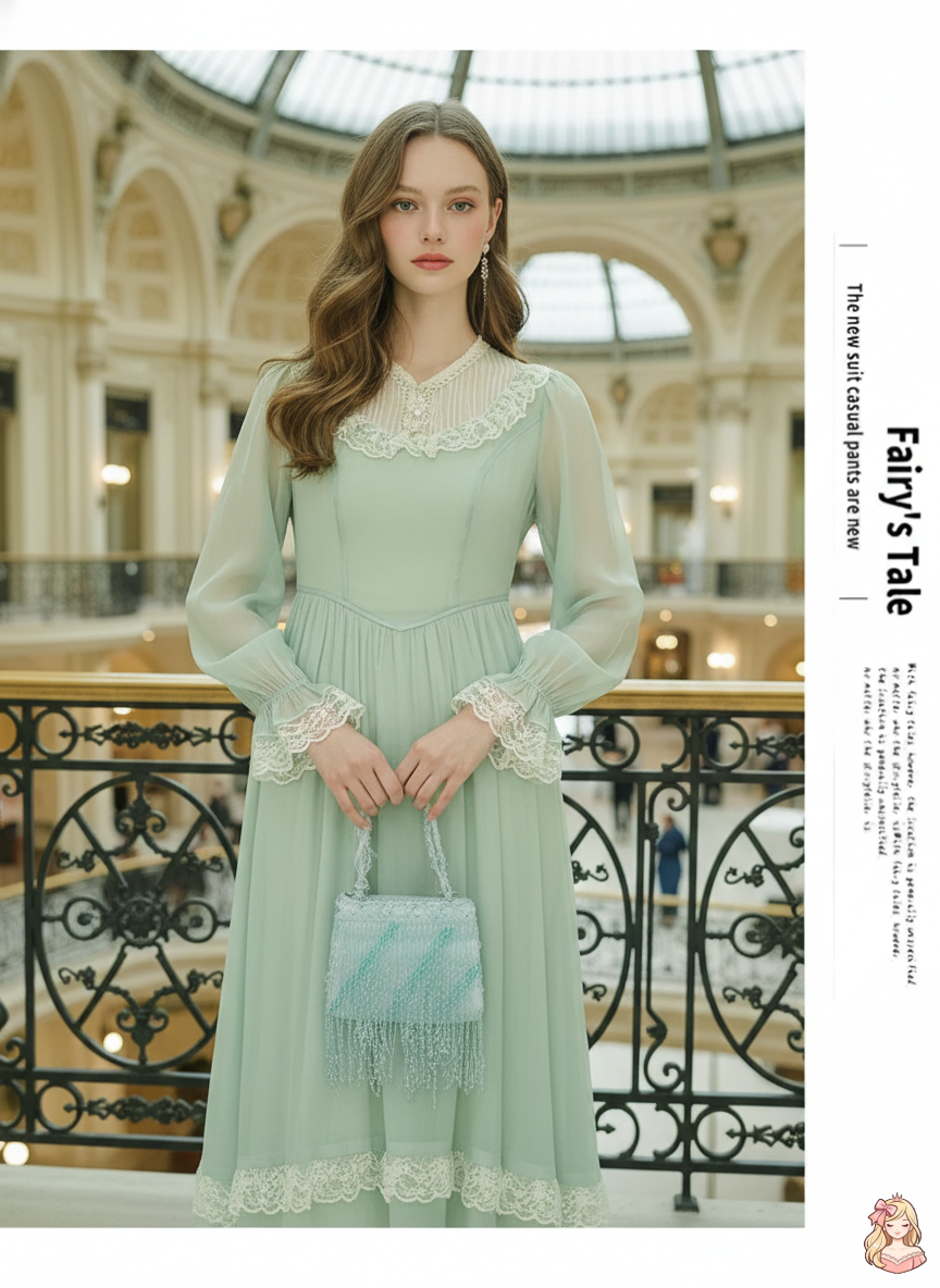 The Tuileries Green Fairy Dress | V-Neck Lace Flare Sleeve Midi | French Retro Empire Gown | Parisian Princess