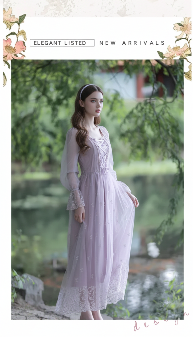 Lovely Lavendar Countryside Dresse Embroidered Lace Square Collar French Romantic Fairy Dresses Flared Sleeve Sweet Vestido midi