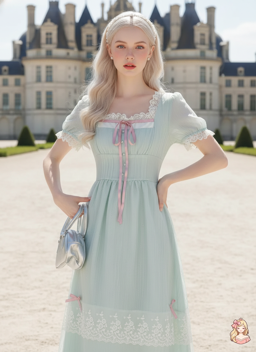 The Chambord Fairy Gown | Green Bow Lace Square Neck Dress | French Mori Girl Summer Dress | Parisian Princess