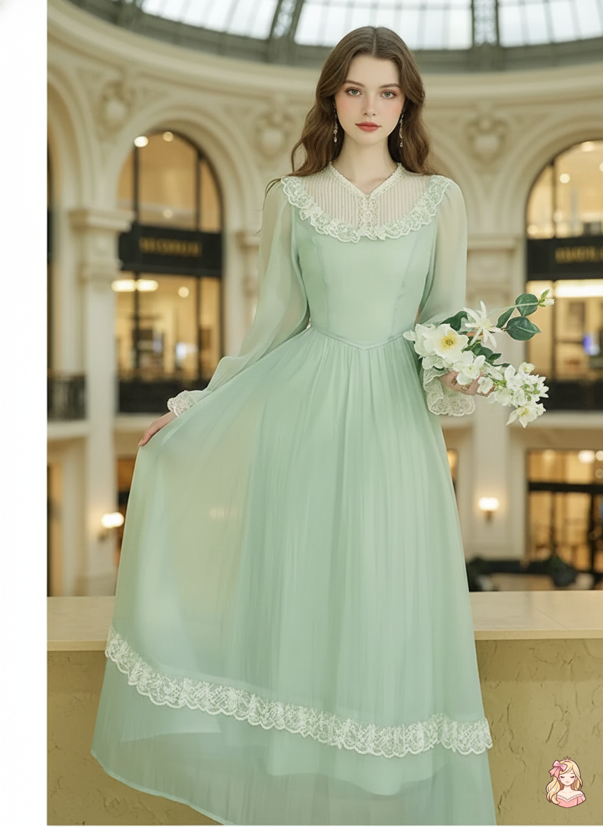 The Tuileries Green Fairy Dress | V-Neck Lace Flare Sleeve Midi | French Retro Empire Gown | Parisian Princess