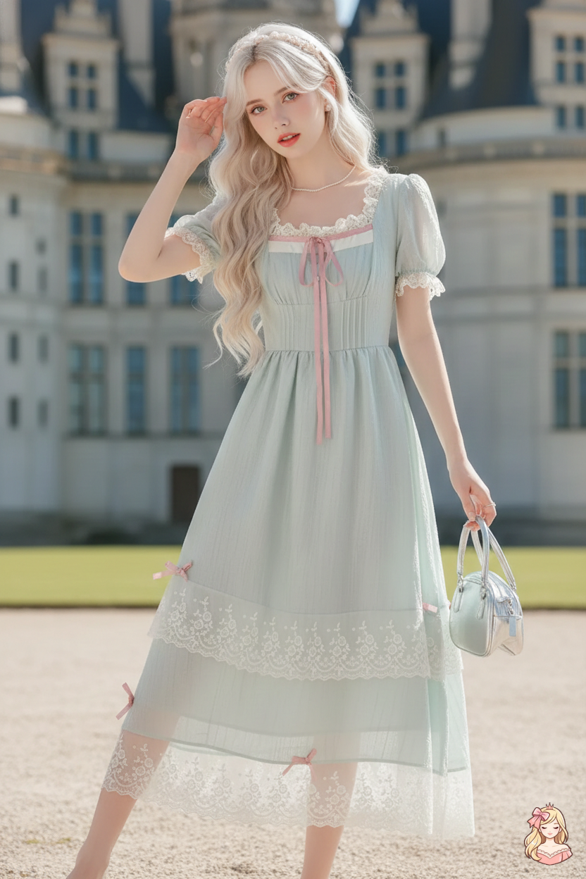 The Chambord Fairy Gown | Green Bow Lace Square Neck Dress | French Mori Girl Summer Dress | Parisian Princess