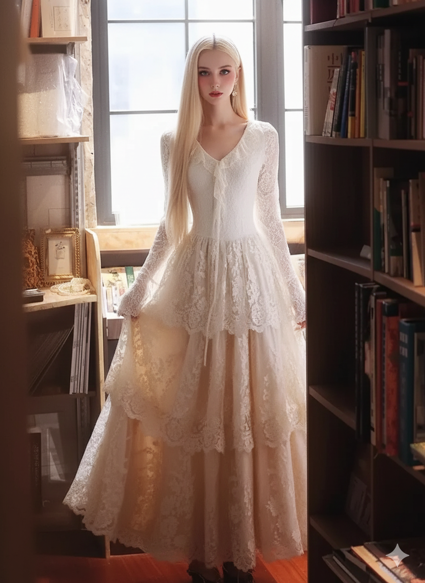 Parisian French Vintage Light Wedding Lace Cake Dress Women Elegant Sweet V-neck Bottoming Long Dresses Fairy Large Hem Slim Dress