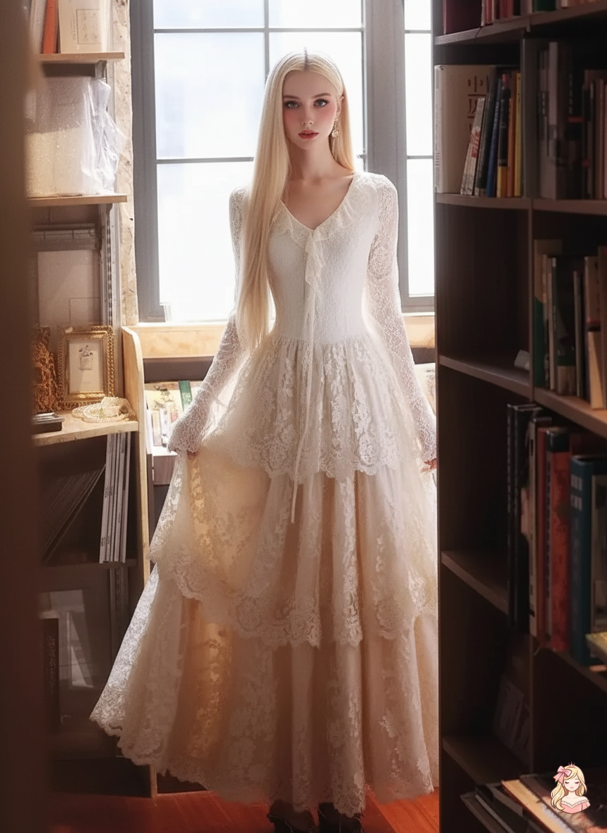 The Tuileries Lace Cake Dress | V-Neck Fairy Wedding Maxi | French Vintage Slim Long Gown | Parisian Princess