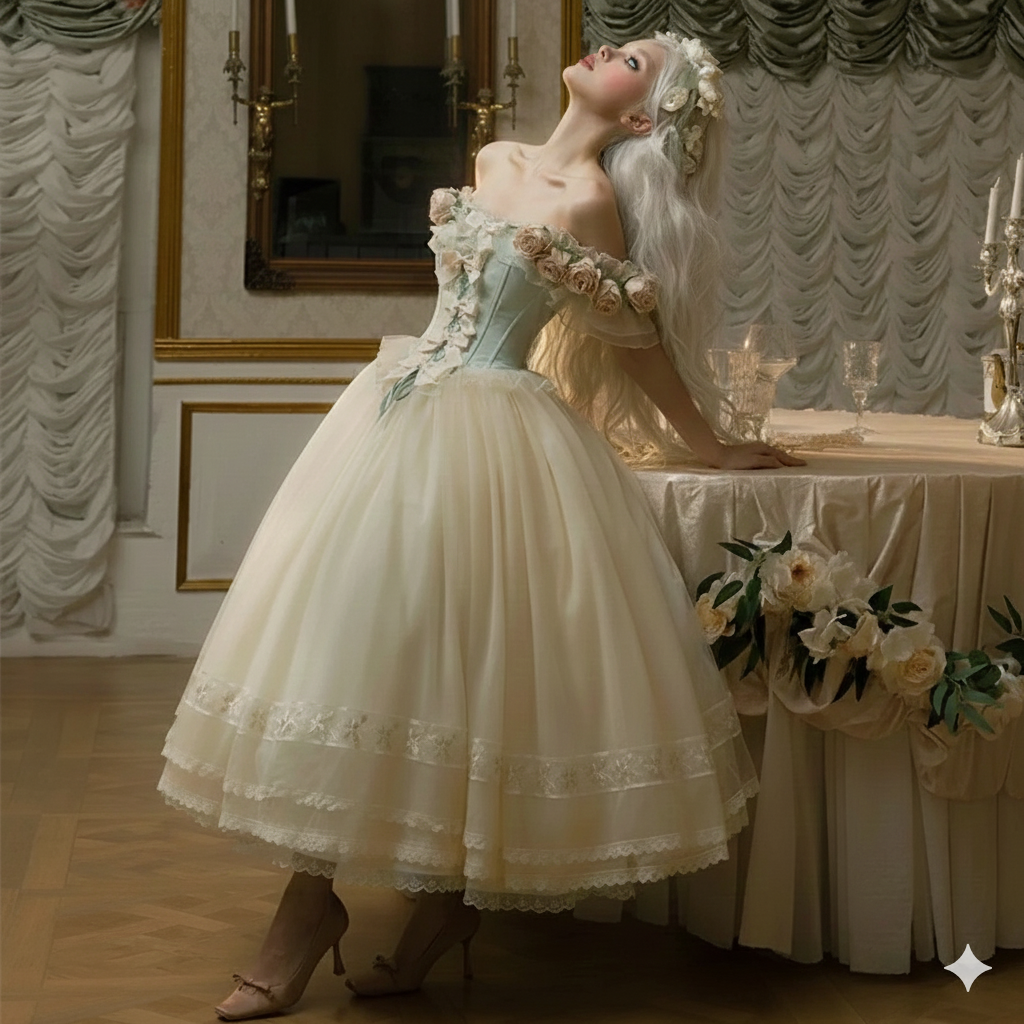 Elegant Vintage Princess Birthday Party Dress 3D Rose Off-Shoulder Short Sleeve Lace-up Slim Mesh Fluffy Lolita Long Dress Women