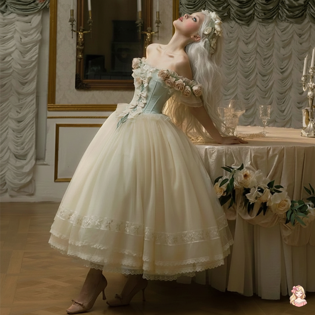 The Roseraie Lolita Gown | 3D Rose Off-Shoulder Maxi | French Princess Mesh Fairy Dress | Parisian Princess