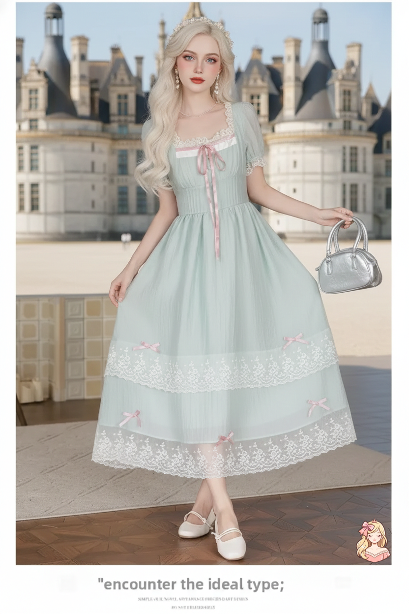 The Chambord Fairy Gown | Green Bow Lace Square Neck Dress | French Mori Girl Summer Dress | Parisian Princess