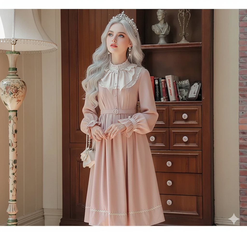 French Sweet Cute Dresses Pink Stand Collar Ruffle Design Chic Flared Sleeve Chiffon Dress French Parisian Lolita Vestidos