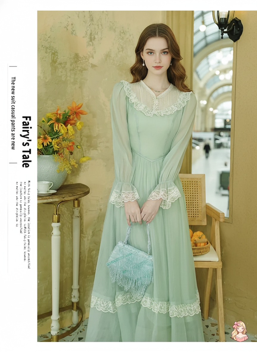The Tuileries Green Fairy Dress | V-Neck Lace Flare Sleeve Midi | French Retro Empire Gown | Parisian Princess