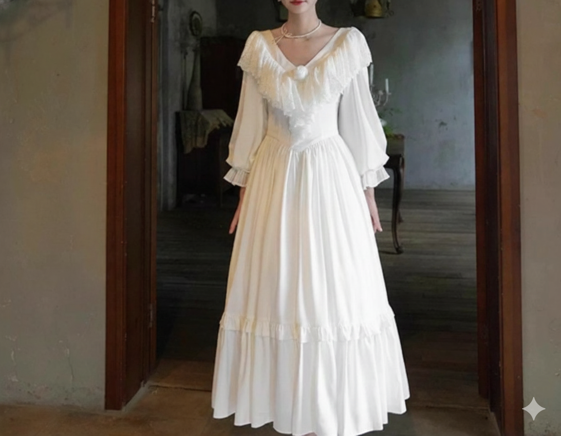 Parisian Satin Lace Dress Lantern Sleeve Long Maxi Ladies S-XL Vintage High Waist 2025 New V Neck White