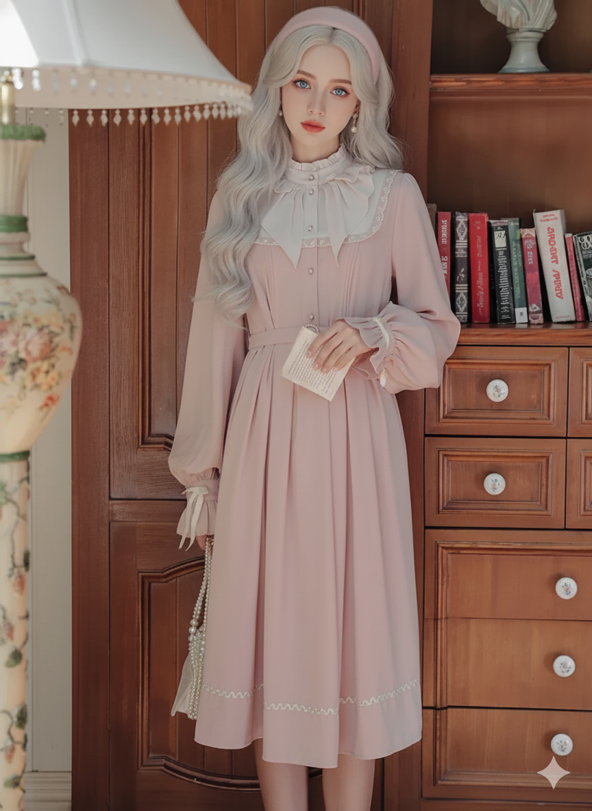 French Sweet Cute Dresses Pink Stand Collar Ruffle Design Chic Flared Sleeve Chiffon Dress French Parisian Lolita Vestidos