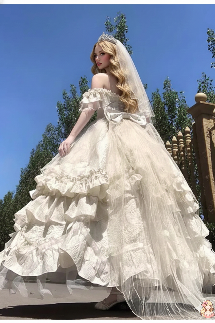 The Geneviève Rhinestone Gown | Off-Shoulder Bow Ball Gown | French Gala Wedding Dress | Parisian Princess
